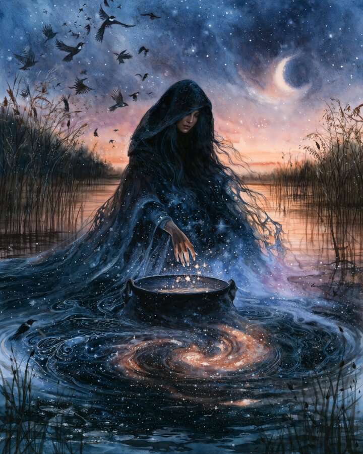 A hooded woman in a dark star-speckled cloak kneels beside a glowing cauldron in shallow water at twilight. Reeds frame the scene, birds fly beneath a crescent moon, and a galaxy-like swirl appears across the water.