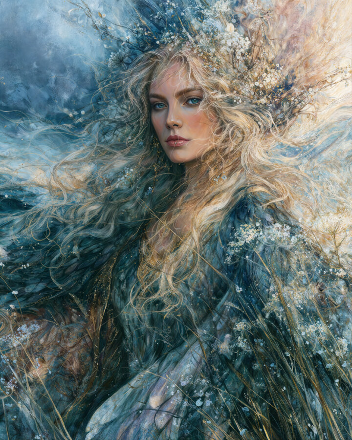 A luminous woman with long windblown blonde hair stands in a blue and gold meadow beneath a swirling, textured sky. She wears a dark, flowing garment flecked with pale botanical details.
