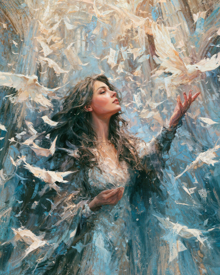 A painted woman with dark flowing hair raises one hand among a swirling flock of white birds. Blue, cream, and warm ochre brushstrokes fill the surrounding space.