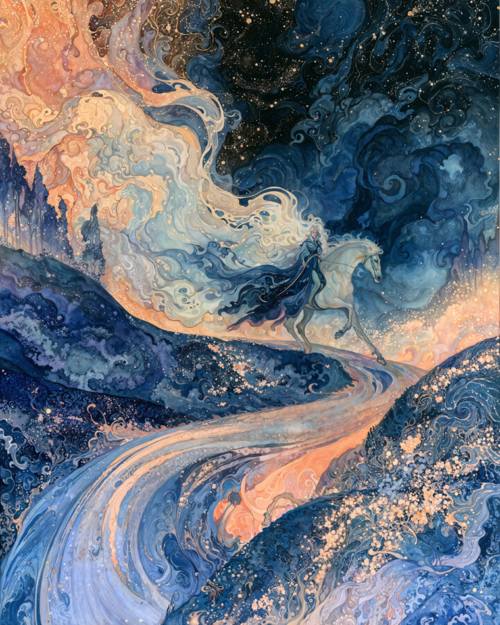 A luminous pale horse carries a dark-clad rider along a winding path through a swirling blue and peach landscape beneath a star-filled sky.