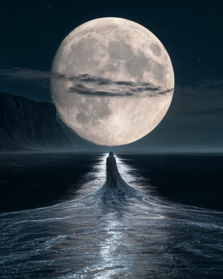 A solitary cloaked figure walks across a reflective body of water toward an enormous full moon on the horizon. Dark mountains and low clouds frame the scene beneath a starry night sky.