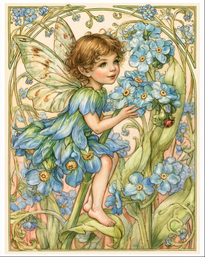 An illustrated freckled child fairy in a blue flower-inspired dress stands among tall forget-me-not flowers, with delicate wings and a small ladybird nearby.