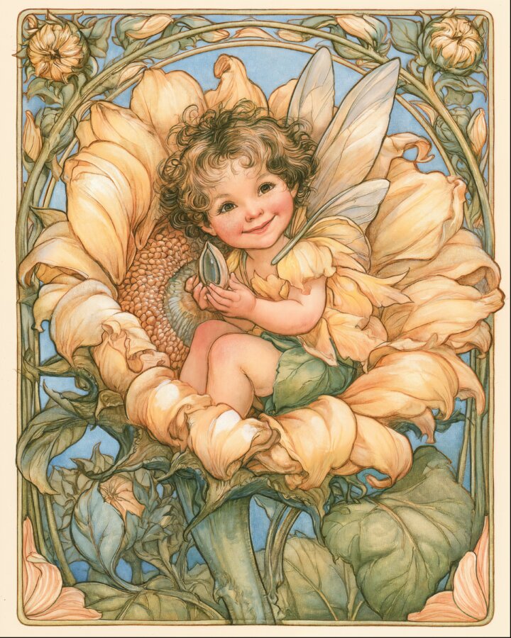 An illustrated sunflower fairy sits nestled among large golden sunflower petals, surrounded by leaves and stems.