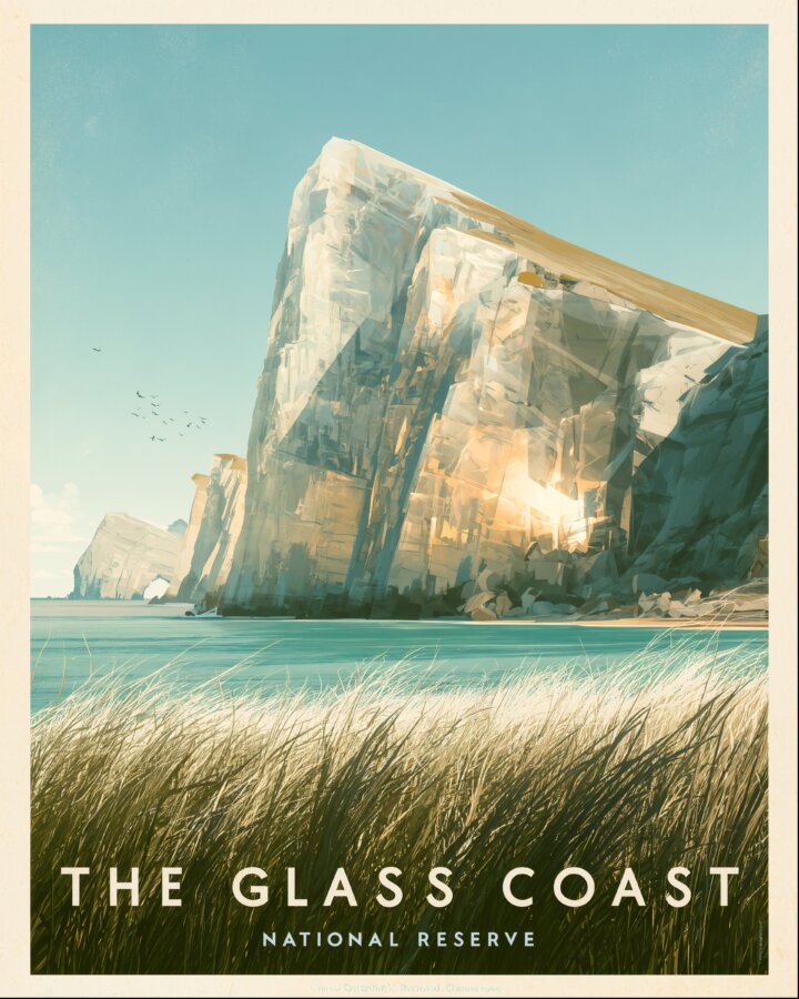 Vintage-style travel poster showing a turquoise sea, tall pale glass-like coastal cliffs, seabirds, and windswept dune grass beneath a clear blue sky. Text reads “The Glass Coast” and “National Reserve.”