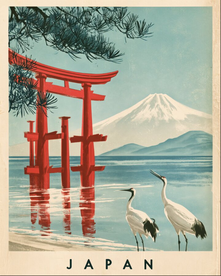 A vintage travel poster shows a red torii gate standing in shallow water, with two white-and-black birds in the foreground. Mount Fuji rises in the distance beneath pine branches, with the word “JAPAN” printed along the bottom.