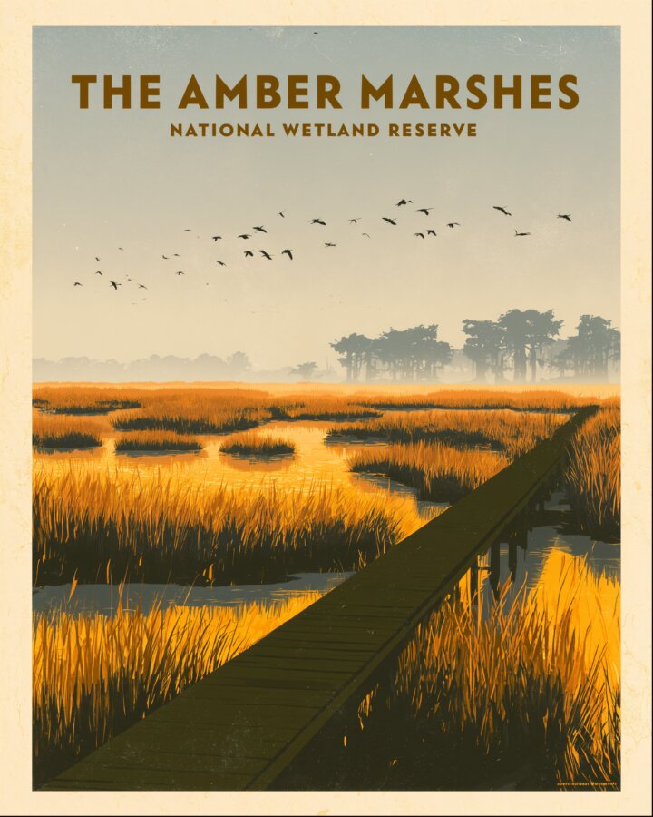 Vintage-style travel poster showing a wooden boardwalk crossing golden marsh grasses and reflective pools beneath a pale sky with flying birds. The text reads “The Amber Marshes National Wetland Reserve.”