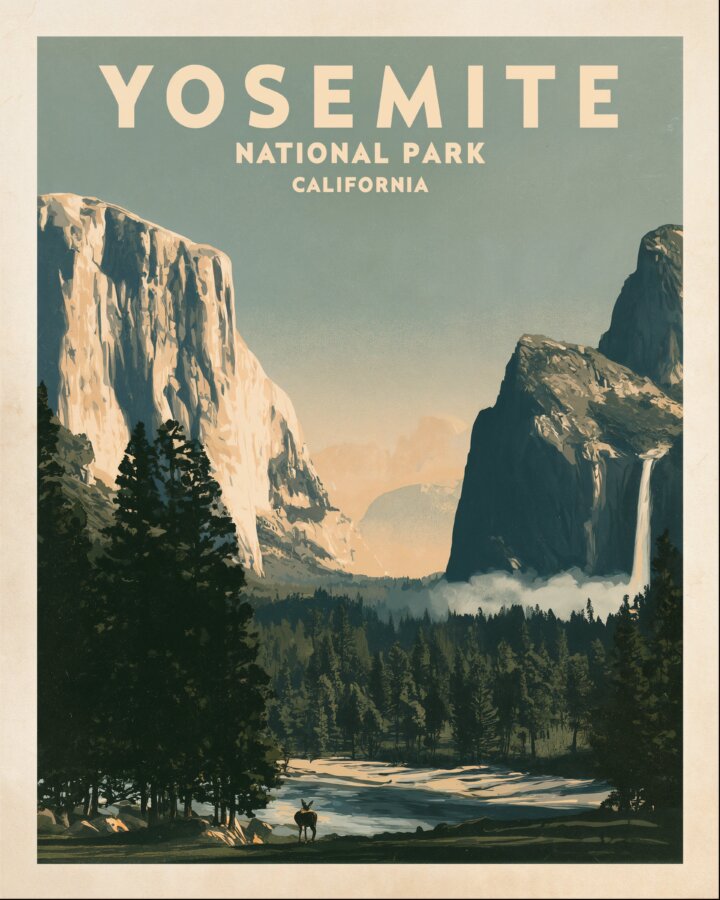 A vintage-style travel poster shows Yosemite Valley framed by towering granite cliffs, evergreen forests, a winding river, and a waterfall beneath a muted sky. The words “Yosemite National Park California” appear at the top.