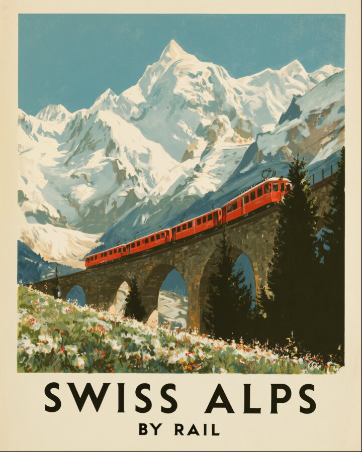 A vintage travel poster shows a red railway train crossing a stone viaduct beneath snow-covered Swiss Alps. Alpine wildflowers fill the foreground, with the words “SWISS ALPS BY RAIL” below.