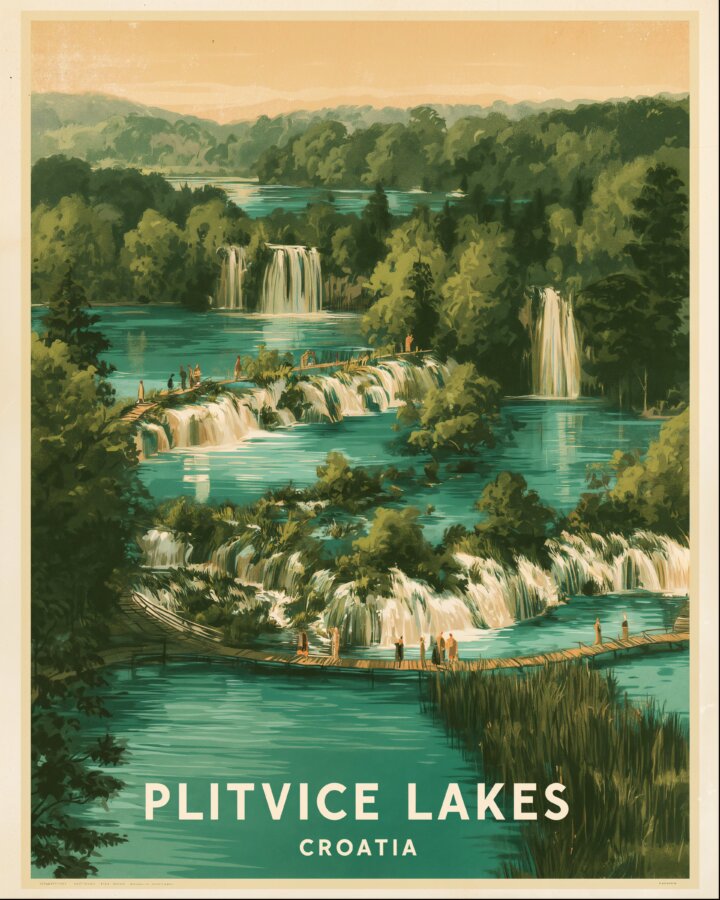 Vintage travel poster depicting the turquoise lakes, waterfalls, wooded hills, footbridges, and visitors of Plitvice Lakes in Croatia. The destination name appears in large lettering at the bottom.