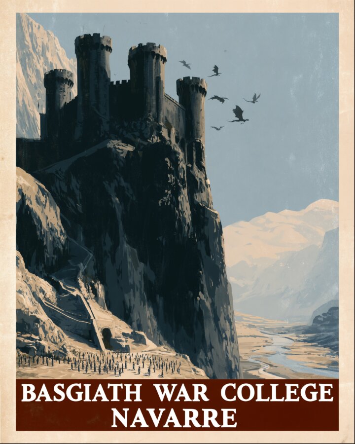 A vintage-style travel poster shows a dark stone fortress perched on a steep mountain above a valley, with several flying dragons in the sky. The poster text reads “Basgiath War College” and “Navarre.”