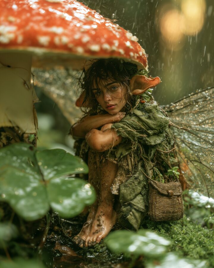 A small woodland fairy sits beneath a red-and-white spotted mushroom during rainfall. She wears a mossy green cloak and carries a woven basket, surrounded by wet leaves and ferns.
